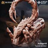 Detailed Ashqarid Sand Strider monster miniature, sculpted with rocky carapace textures, posed on a stone base.