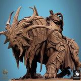 Close-up 3D render of a warbeast with ornate armor and a mounted knight in a helmet.