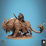 Slightly elevated side angle of the Solarion warbeast with a mounted fighter on a round gaming base.