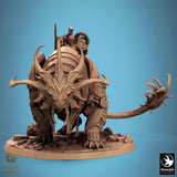 Front angle of the mounted fighter creature miniature, highlighting the warbeast head and horns.