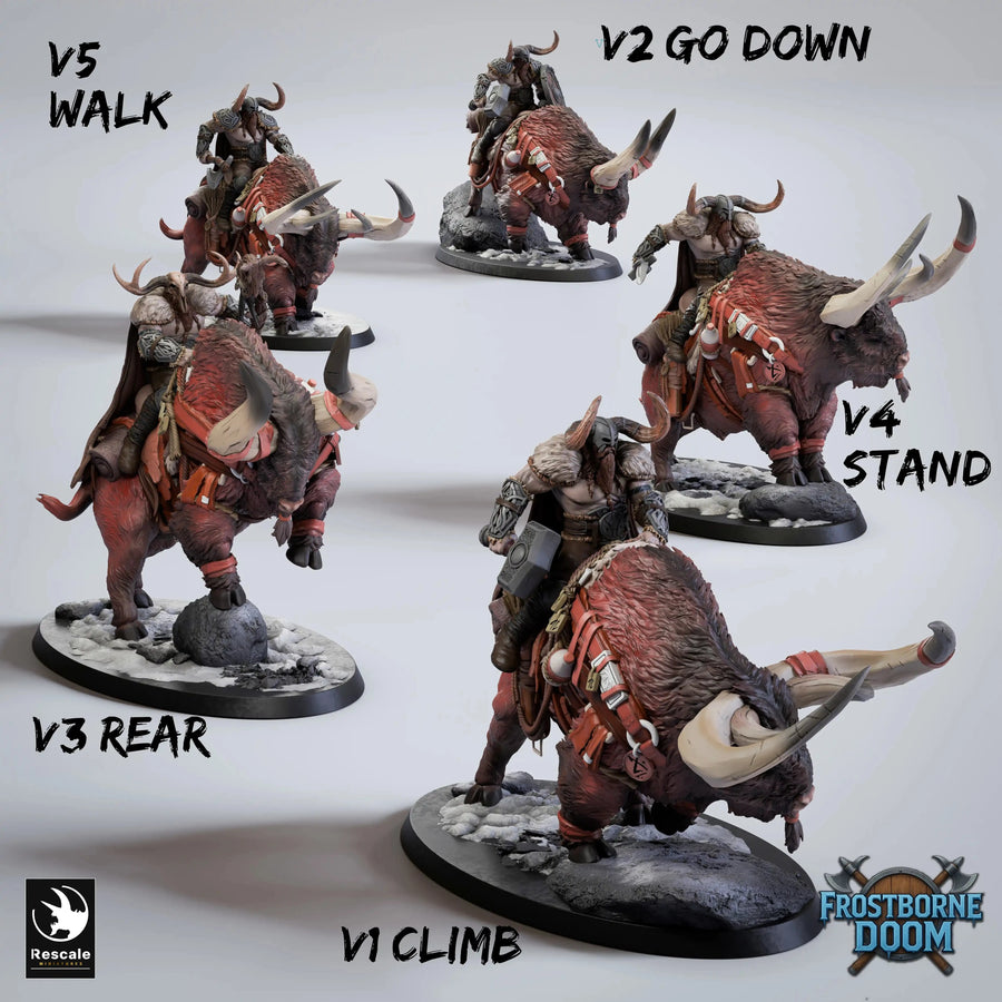 Collection of five Vargir Frosthorn mounted fighter resin miniatures featuring various action poses on snowy bases.