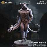 Resin 32mm scale miniature of a bull-headed mobster boss character in a suit standing on a stone base.