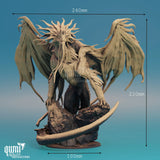 Ansicht der Bahamut Drachen-Figur mit Bemaßung: 240mm Flügelspannweite und 210mm Höhe