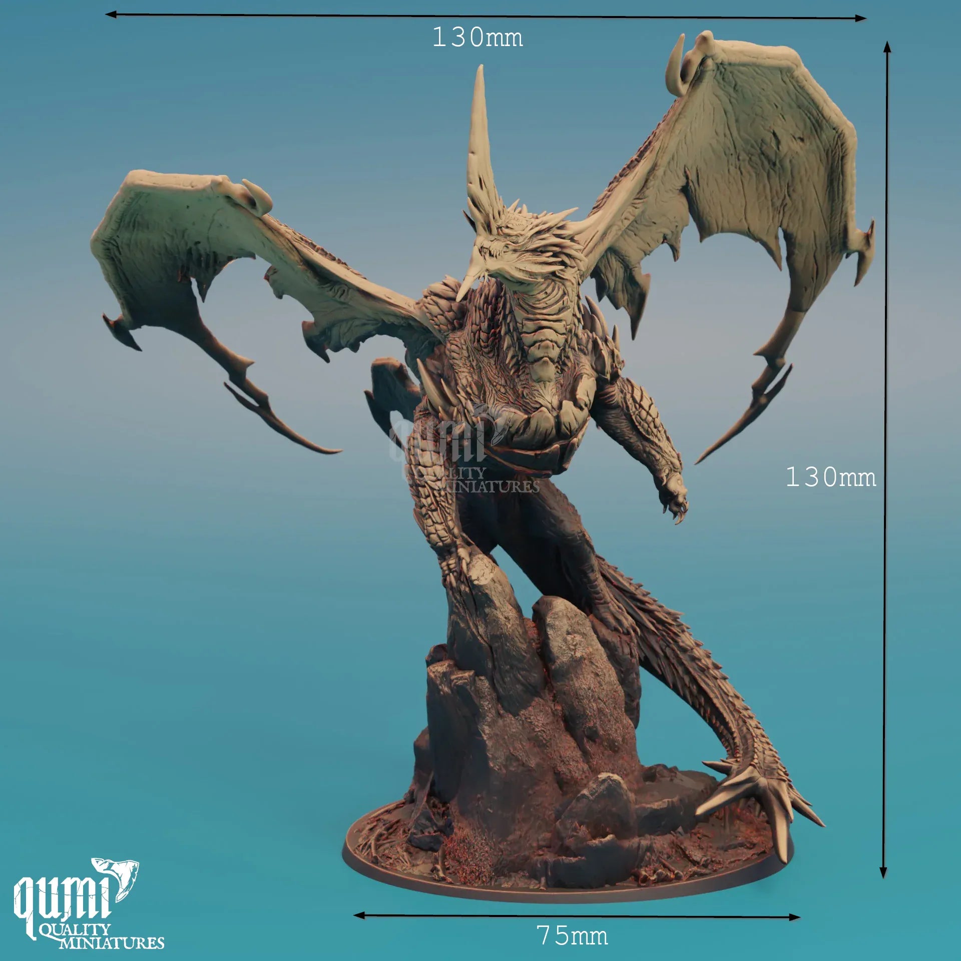 Chromatic blue fantasy dragon miniature by Qumi, detailed resin miniature for tabletop gaming and RPG adventures.