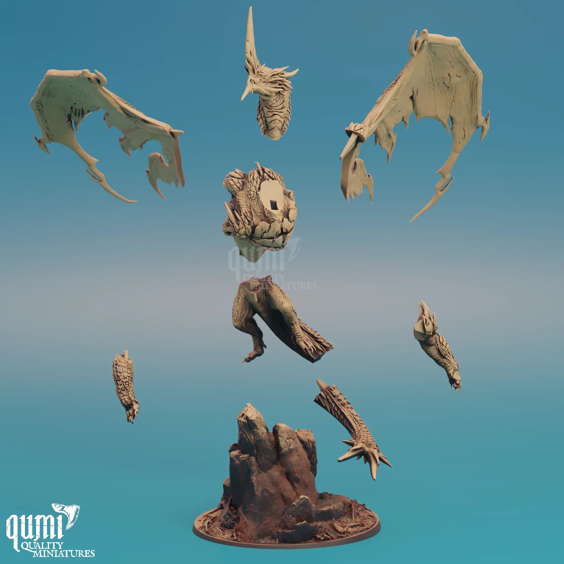 Chromatic blue fantasy dragon miniature by Qumi, detailed rescale tabletop figure for wargaming and RPG adventures.