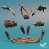 Einzelteile des 3D-gedruckten Kristall-Drachen in der Übersicht vor der Montage.