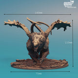Vorderansicht der Drachenfigur mit Maßangaben für die Größenreferenz im Tabletop-Bereich.