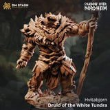 Hvitabjörn druid miniature featuring a humanoid bear figure holding a wooden staff, 3D-printed in resin.