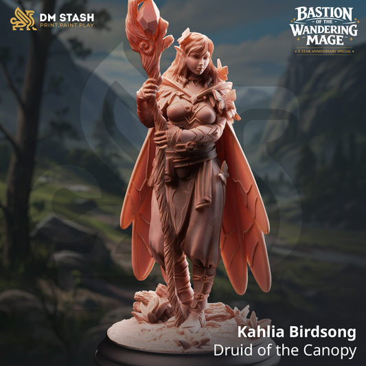Fantasy Druid miniature Kahlia Birdsong by Qumi, a detailed tabletop RPG figure in 32mm and 75mm sizes for wargaming.