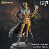 Charlotte-Anne elf rogue miniature holding a flame, standing on a wooden deck base in 3D-printed resin.