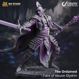 Front view of The Ordained resin miniature standing in a combat pose holding a sword and staff