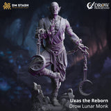 Uxas the Reborn Drow Lunar Monk miniature standing in a balanced monk pose with chained crescent weapons