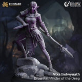 Resin 3D-printed Vixa Indwynath Drow spear fighter miniature standing on a rocky base in a dynamic combat pose.