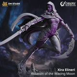 Dynamic 32mm scale resin miniature of an elf assassin in a leaping pose with dual blades and flowing cloak.