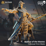 Resin 3D-printed Arakun miniature, a muscular human spear fighter in a dynamic pointing pose on a wooden base.
