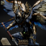 Close-up of the Fallen Sandking creature head showing intricate feathered details and golden armor elements.
