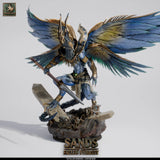Full view of the winged avian sandking miniature with spear on a detailed rocky base with ruins.