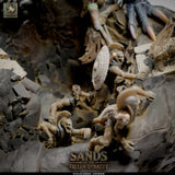 Detail shot of multiple skeleton soldiers emerging from rocks on the miniature base.