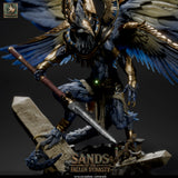 Angled portrait view of the avian creature, highlighting the golden armor and large blue feathered wings.