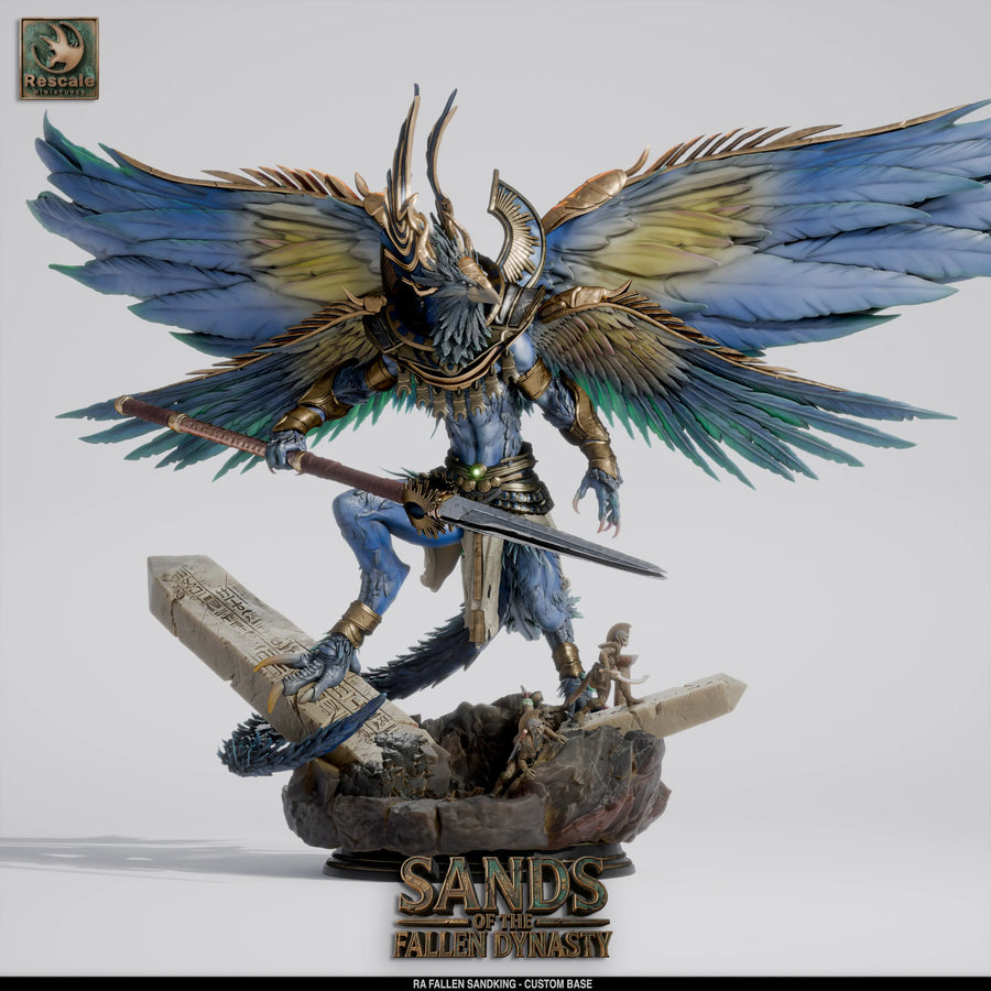 Front view of the winged Fallen Sandking creature miniature holding a spear on a custom stone desert base.