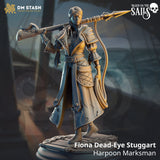 Fiona Dead-Eye Stuggart miniature featuring a harpoon over her shoulder standing on a wooden base.