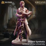 Proctor Synthelia 3D-printed resin fighter miniature standing with a book and sword on an ornate base