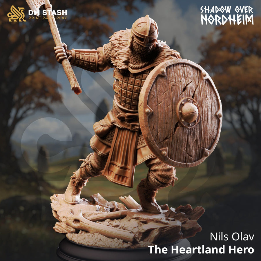Menschlicher Axtkämpfer als detaillierte Resin-Miniatur mit Kettenhemd, Holzschild und Wikingerhelm.