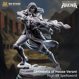 Hochelf Spellsword Miniatur mit magischem Schwert in dynamischer Kampfpose auf einem felsigen Base.