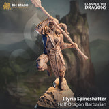 3D-printed resin miniature of Illyria, a half-dragon barbarian woman in an aggressive pose wielding a long spear