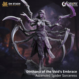 Resin miniature of Dirthana the spider sorceress with multiple limbs and ornate armor on a stone base.