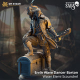 3D-gedruckte Resin-Miniatur von Ervin Wave Dancer, der auf einer Schatztruhe steht und einen Affen auf der Schulter trägt.