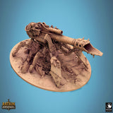High-angle view of a resin heavy plasma cannon on a rocky base with a rat-like operator.