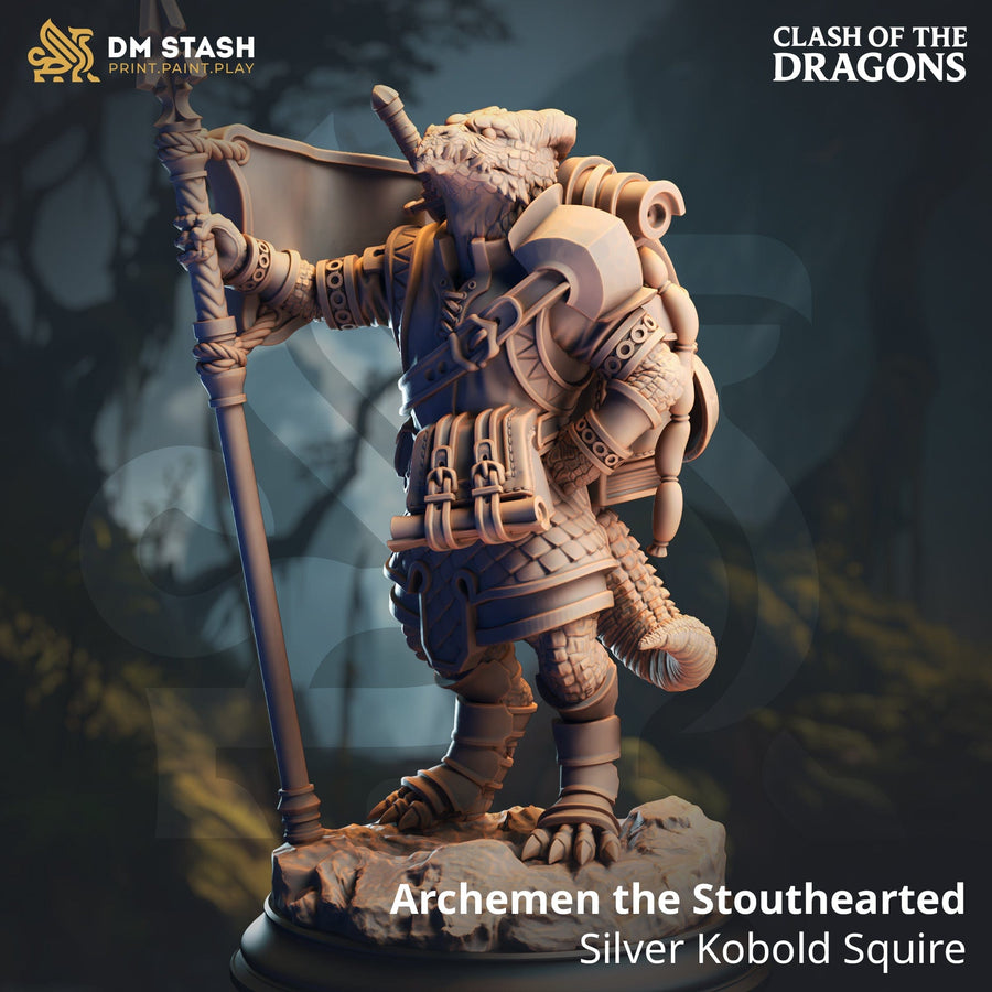 Resin 3D-printed miniature of Archemen the Stouthearted, a silver kobold squire holding a spear, shown in a neutral grey finish.