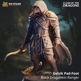 Gelzik Pad-Foot Black Dragonkin Ranger miniature in a hooded cloak holding a curved blade