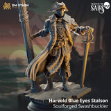 32mm scale resin miniature of a masked swashbuckler rogue with a sword standing on a wooden deck base