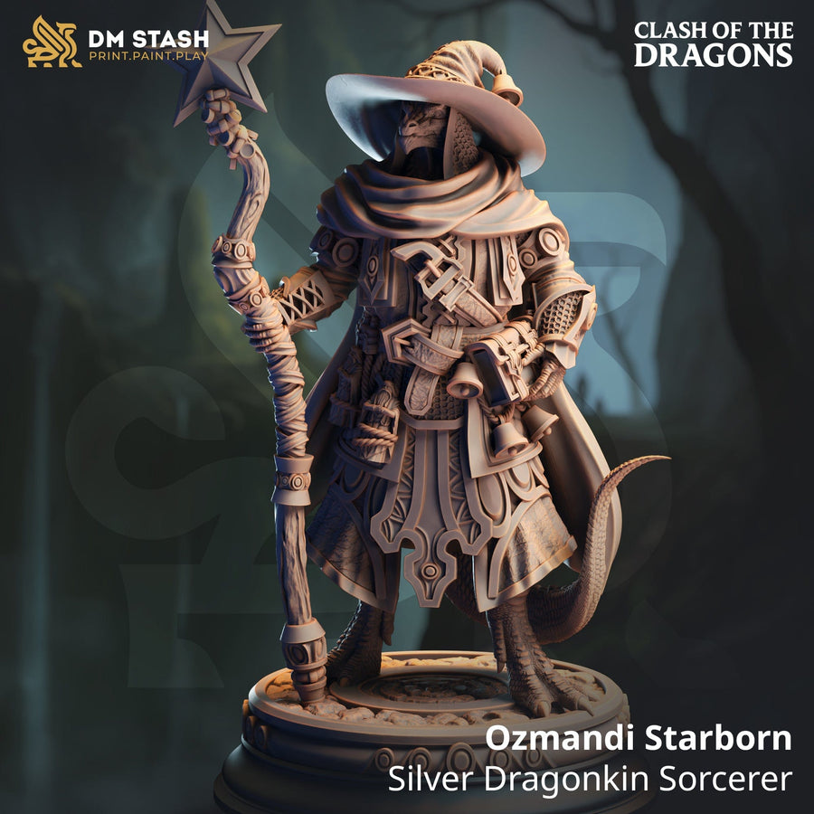 3D-printed Ozmandi Starborn dragonkin sorcerer miniature holding a staff with a star topper