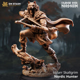 3D-printed resin miniature of a Nordic hunter with wolf pelt hood and bow, standing on a forest log base.