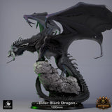 Side profile of a black elder dragon miniature perched on a rock base with detailed wing membranes and scales.