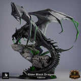 Rear angle of the elder dragon miniature showing the long tail wrapping around the textured rocky base.