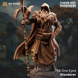 3D-printed resin miniature of a hooded, bearded wanderer holding a staff with a raven perched on it