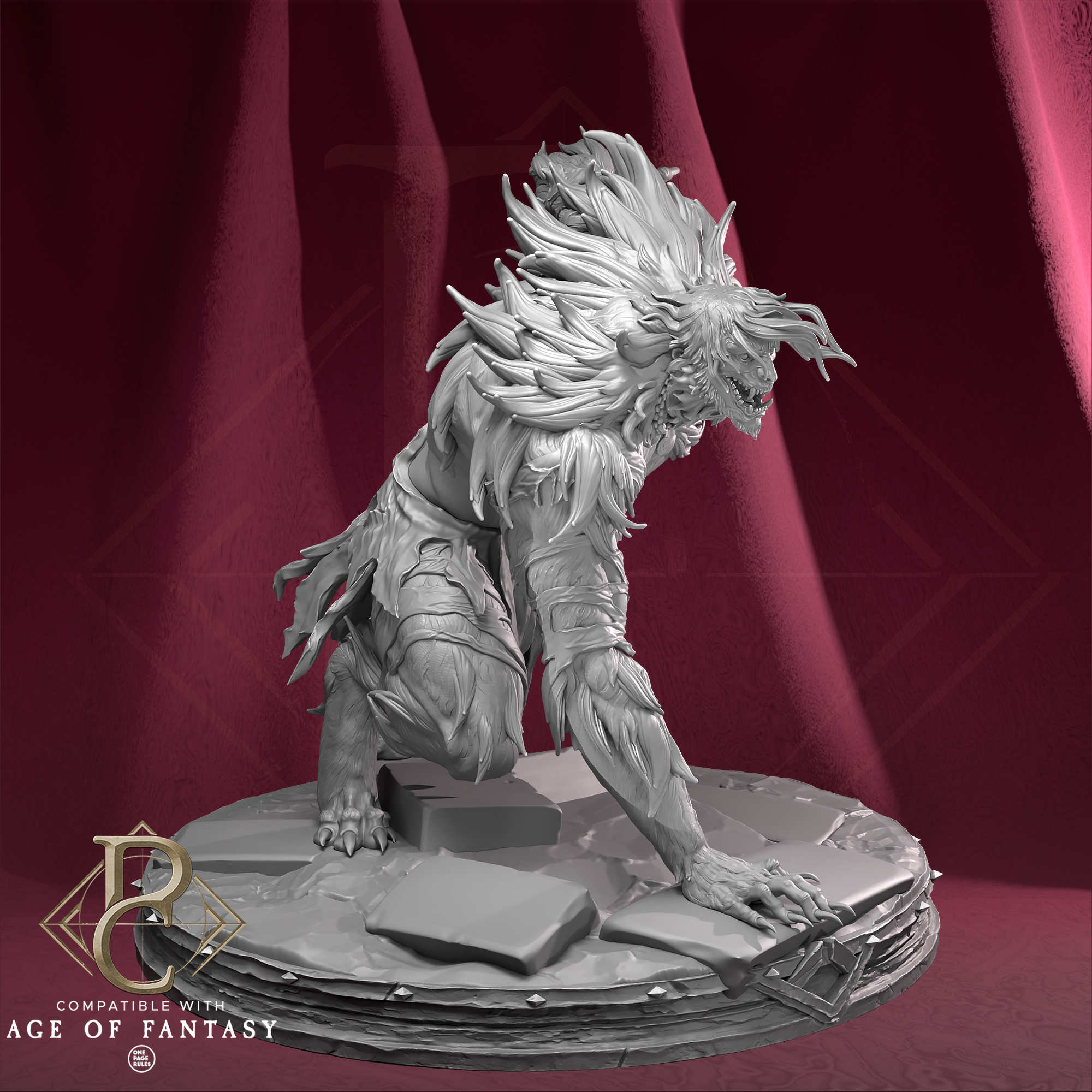 Fantasy creature figurine on a red background with 'Age of Fantasy' branding.