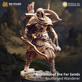 3D-printed fantasy nomad archer miniature with sword and crossbow standing on a rock base