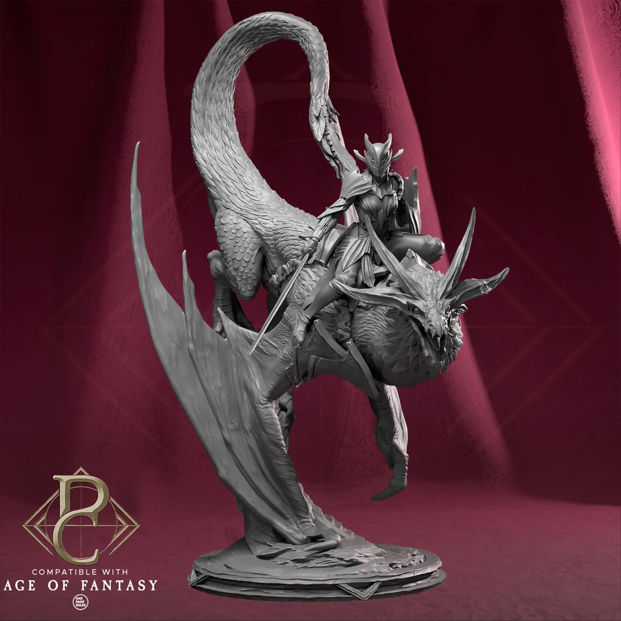 Side profile of the Vaelor on Skyrend mounted fighter miniature in high-quality resin