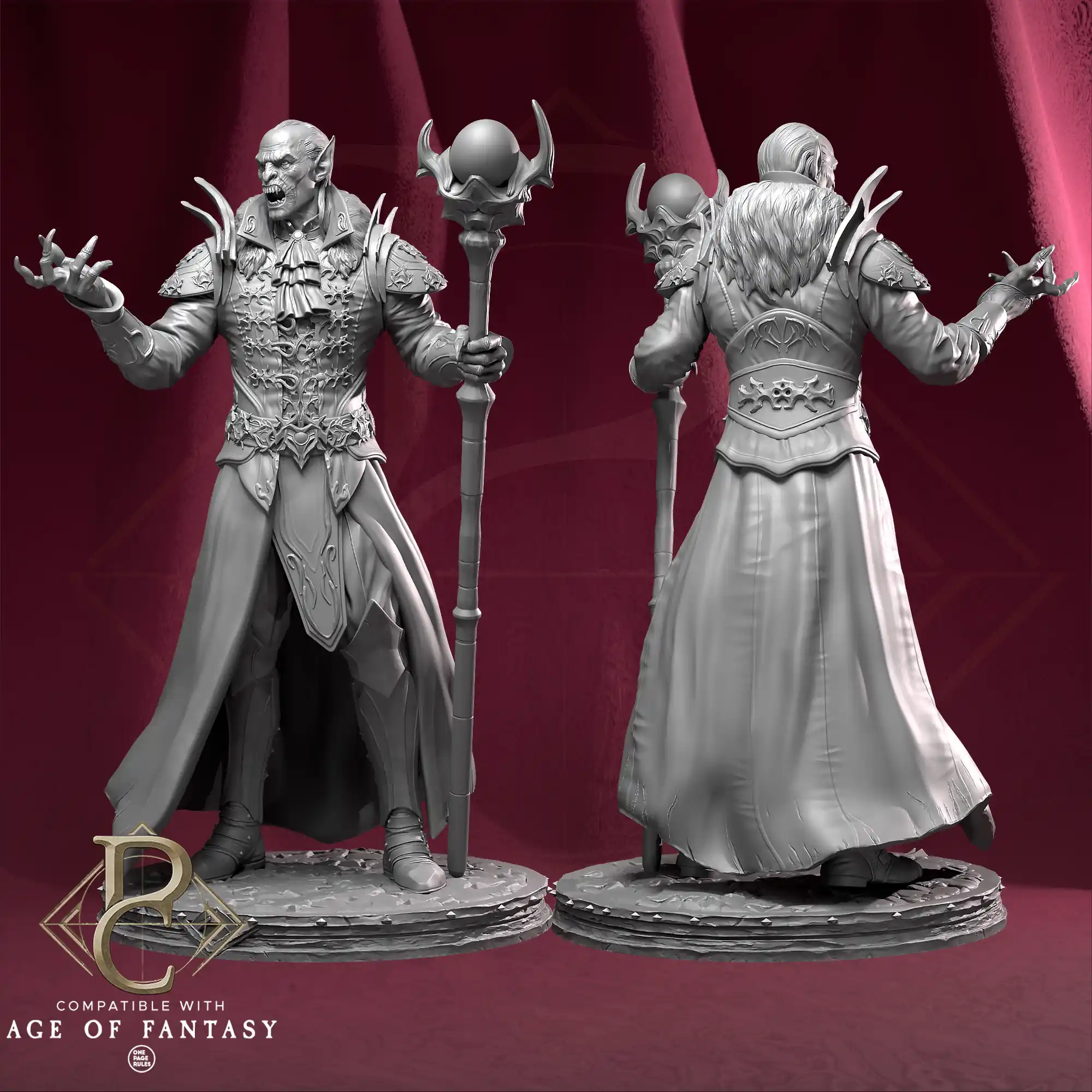 Two fantasy figurines on a red background with 'Age of Fantasy' branding.
