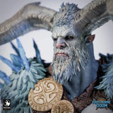 Close-up of the Ice Giant Thulgar face featuring detailed horns and fur textures