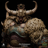 Close-up of Oni Colossus 1/6 scale miniature featuring horned helmet, fur mantle, and ornate green armor.