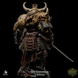 Rear view of the Oni Colossus miniature showcasing detailed back armor, fur mantle, and braided rope details.