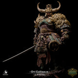 Front view of the Oni Colossus miniature with intricate armor and a sword, displayed against a black background.