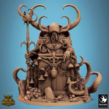 Front view of The Bell Warden monster miniature with tentacles and bell-adorned chest piece.
