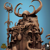 Close-up of The Bell Warden figure focusing on the hooded head, horns, and intricate staff detail.